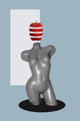 Digital collage with a female mannequin and divided apple	