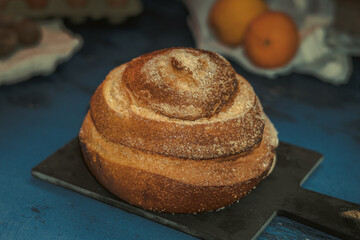 Panquemao, Mona. Sweet sponge cake from Valencia, Spain. Still life presentation.