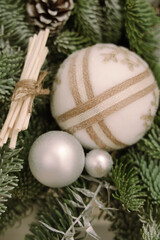 New Year's bouquet with balls from a Christmas tree in a bucket