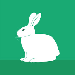 Cute rabbit on green background. The rabbit sits and looks ahead. vector illustration of a white beautiful rabbit.