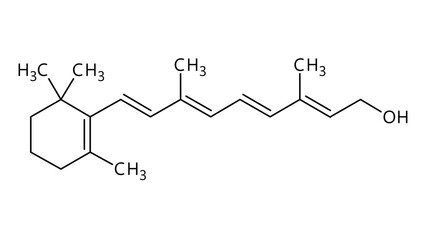 Vitamin A molecular structure. Vitamin A is important for human vision. Vector structural formula of chemical compound.
