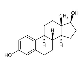 Estradiol molecular structure. Estradiol is an estrogen steroid hormone and the major female sex hormone. Vector structural formula of chemical compound with red bonds and black atom labels.