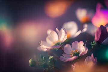 illustration of wild flowers against soft light with bokeh, selective focused