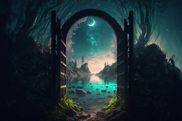 Fototapeta na wymiar Gate to other world , fantasy theme illustration of the door that open path way to a different world , the unknown place