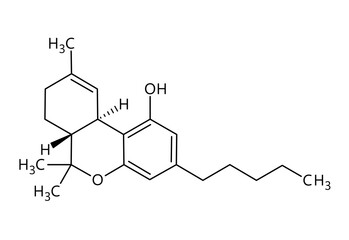 Tetrahydrocannabinol, or THC, molecular structure. Tetrahydrocannabinol is the principal psychoactive drug from cannabis. Vector structural formula of chemical compound with red bonds and black atom