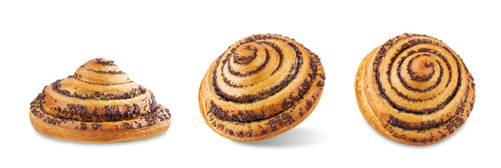 Roll bun with poppy seeds on a white isolated background