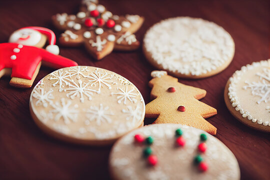 image of a wooden table, with beautiful Christmas cookies.