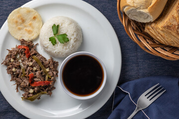 Top view Shredded meat with rice, typical Cuban food.
