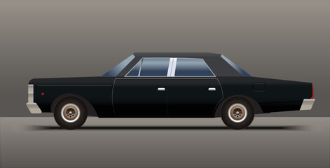 Vintage american 1960's black luxury car, 3d vector illustration, side view