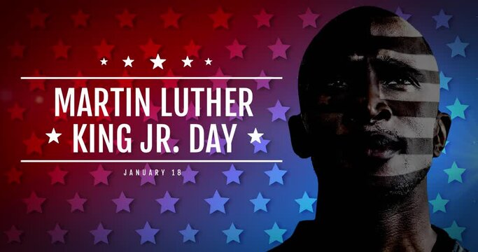 Animation of martin luther king day text over stars and african american man