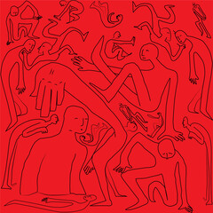 Abstract pattern of line people interacting in contorted surreal poses - obrazy, fototapety, plakaty