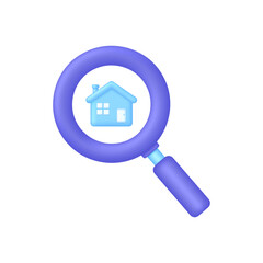 3D Search house icon. Search for real estate, home to buy, property for sale concept.
