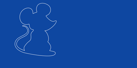 A large white outline mouse symbol on the left. Designed as thin white lines. Vector illustration on blue background