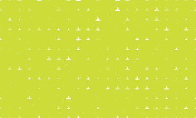 Seamless background pattern of evenly spaced white witch hat symbols of different sizes and opacity. Vector illustration on lime background with stars