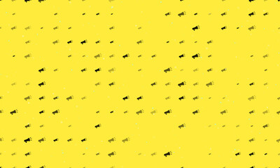 Seamless background pattern of evenly spaced black megaphone symbols of different sizes and opacity. Vector illustration on yellow background with stars