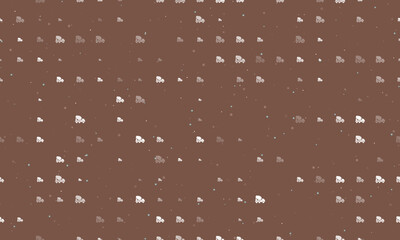 Seamless background pattern of evenly spaced white concrete mixer truck symbols of different sizes and opacity. Vector illustration on brown background with stars