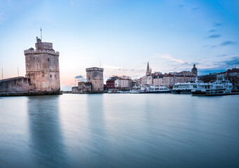 Panoramic view of the old harbour of La Rochelle at sunset