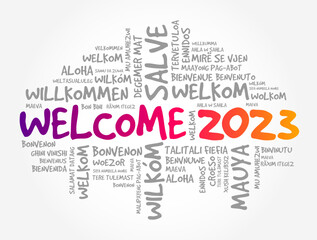 WELCOME 2023 word cloud in different languages, conceptual background