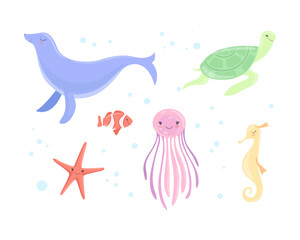 Cute Seal, Turtle, Jellyfish, Starfish and Seahorse as Sea Animal Floating Underwater Vector Set