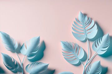 blue fine leaves like feathers on light pink background, ai generative midjourney illustration with copy space