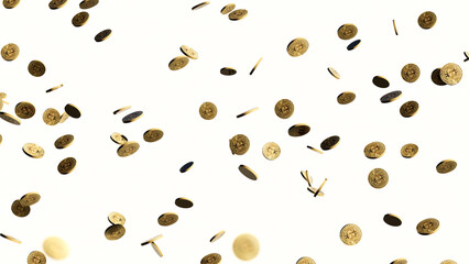 Falling or flying golden bitcoin coins on white background. Horizontal crypto banner pattern illustration. BTC Winning, gainings, earning or payment metaphor	
