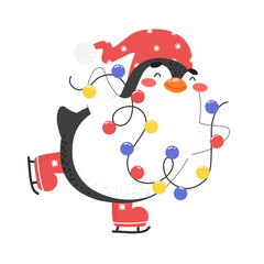 Happy penguin with garland, cartoon animal vector character.