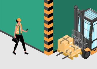 Forklift safety. Blind spot hazard. Isometric illustration with a forklift and a worker just before a possible accident. Vector. - 552455150
