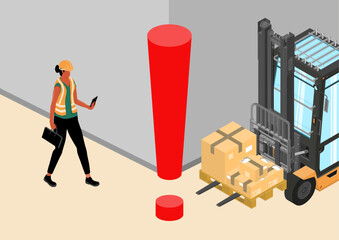 Forklift safety. Blind spot hazard. Isometric illustration with a forklift and a worker just before a possible accident. Vector. - 552455151