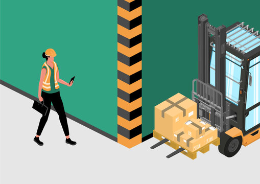 Forklift safety. Blind spot hazard. Isometric illustration with a forklift and a worker just before a possible accident. Vector.