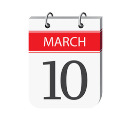 10 march calendar page vector. 3d one day calendar date appointment, event reminder illustration. Abstract three dimensional daily date calendar. 