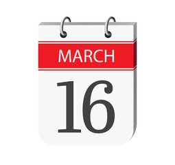 16 march calendar page vector. 3d one day calendar date appointment, event reminder illustration. Abstract three dimensional daily date calendar. 