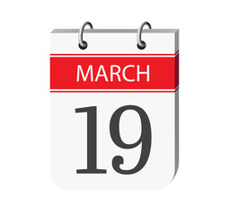 Fototapeta premium 19 march calendar page vector. 3d one day calendar date appointment, event reminder illustration. Abstract three dimensional daily date calendar. 