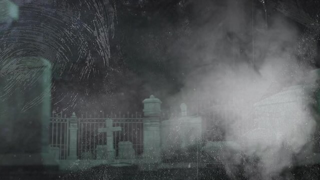 Animation of glitch and smoke over cemetery at night