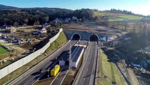 Newly opened tunnel on Zakopianka highway in Poland in November 2022. The tunnel is 2 over km long and makes travel from Krakow to Zakopane, Podhale region and Slovakia much faster. Old road above