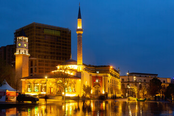 The Ethem Bey Mosque at night on Skanderbeg Square. Tirana. Albania