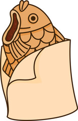 Taiyaki japanese pastry in wrapping paper. Fish shaped cake stuffed with red adzuki bean. Japanese street food