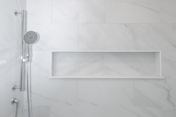 Modern farm house master bath sitting tub and tile shower quartz accessories shelf