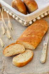 Homemade white bread baguette cut in slices