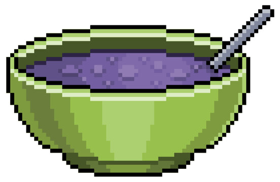 Pixel art bowl with a&ccedil;a&iacute;, Brazilian food vector icon for 8bit game on white background