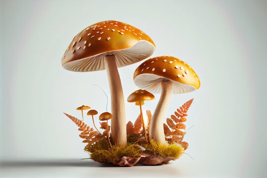  a group of mushrooms with ferns and ferns growing out of them on a white background with a light shadow. Generative AI