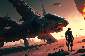 Science fiction space battle war scene with mecha cyborg soldier and spaceship - obrazy, fototapety, plakaty