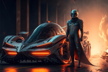 Leather suited sports car driver with helmet stands in front of hyper modern futuristic concept street racing car - obrazy, fototapety, plakaty