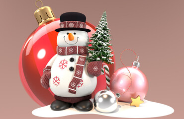 Christmas decorations and a snowman with a Christmas tree on the background of a large, burgundy ball ornament