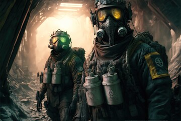 Soldiers in gas masks during war rescue operation, fantasy concept art