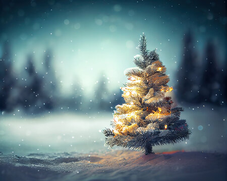 Winter forest landscape with a Cristmas decorated tree. Holiday background