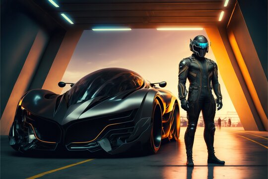 Leather suited sports car driver with helmet stands in front of hyper modern futuristic concept street racing car