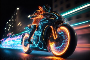 Moto racer speeding through streets on neon motorcycle. Burning speed motion driving. - obrazy, fototapety, plakaty