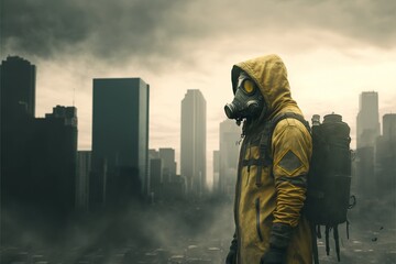 Dystopian post-apocalyptic scene with person in yellow jacket and gas mask and desolate big city skyscraper cityscape. Polluted sky and ruins.