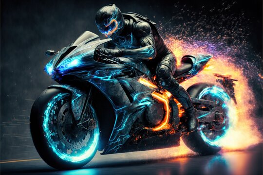 Moto racer speeding through streets on neon motorcycle. Burning speed motion driving.