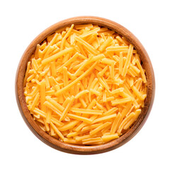 Shredded cheddar cheese, in a wooden bowl. Grated natural cheese, piquant, colored orange with...